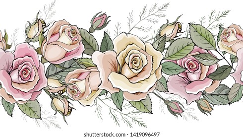 Floral border with yellow and pink roses and green leaves on white background. Vector design.