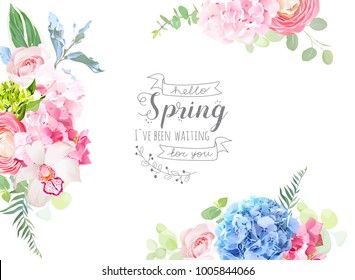 Floral borders arranged from pink rose, white orchid, ranunculus, blue and green hydrangea, greenery vector design frame. Spring beauty banner card. All flowers are not cut. Isolated and editable