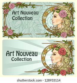 Floral borders with beautiful woman face on it, Art Nouveau stylized horizontal frame with space for text.