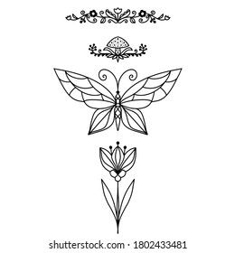 Floral borders, butterfly, stylized flower. Graphic tattoo set. Outline elements for coloring book. Black and white logo