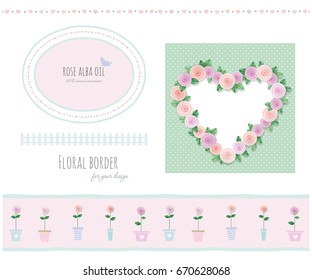 Floral borders, frames and decorative elements set. Included polka dots seamless pattern. 