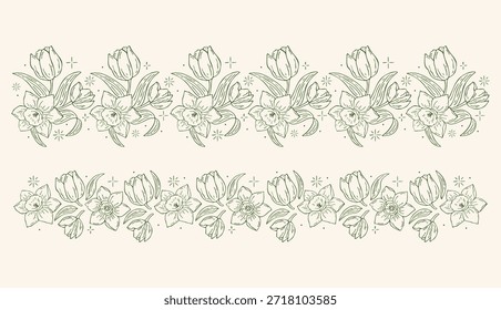 Bordas florais conjunto de vetores desenhado à mão com tulipas e narcisos com estrelas decorativas em estilo de contorno. Delicadas bordas para desenhos de molas, convites, artigos de papelaria, marcas e composições ornamentais