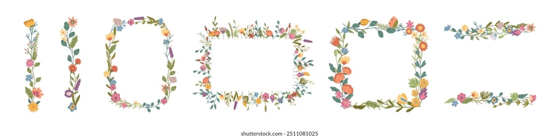 Líneas de bordes florales y composiciones de marcos geométricos con flores silvestres y follaje. Vector conjunto plano de plantas en flor, cuadrado y rectángulo con espacio de copia. Anuncios de saludo o invitación