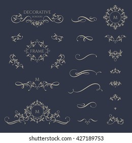 Floral borders and monogram with calligraphic elements. Template signage, logos, labels, stickers, cards. Graphic design page. Classic design elements for wedding invitations.