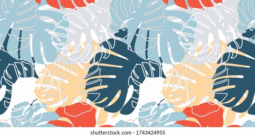Floral botanic pattern border. Tropical leaves background. Bright summer vector illustration. hand drawn Monstera leaves nature border.Isolated. fashion arrangements.