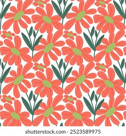 Floral botanic vector illustration in orange, seamless floral pattern