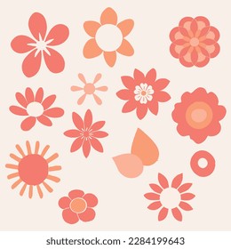 Ilustración vectorial botánica floral en colores rosa, amarillo y naranja. Montaje de arte de flores abstracto y groovy. El doodle orgánico es de estilo retro hippie de moda de los años 70. Afiche y fondo contemporáneo.