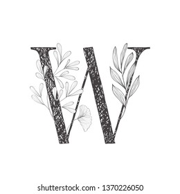 Floral botanical alphabet. Letter with plants and flowers. Line art.