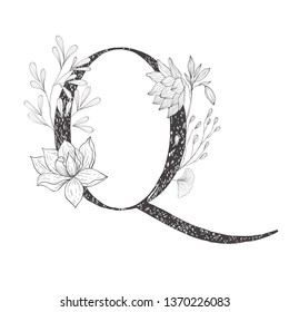 Floral botanical alphabet. Letter with plants and flowers. Line art.