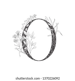Floral botanical alphabet. Letter with plants and flowers. Line art.