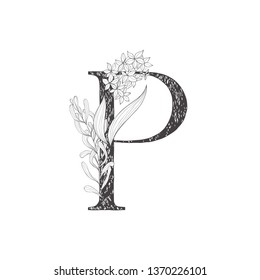 Floral botanical alphabet. Letter with plants and flowers. Line art.