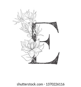 Floral botanical alphabet. Letter with plants and flowers. Line art.