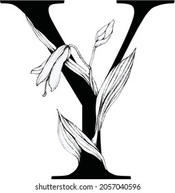 Floral botanical alphabet. Letter with plants and flowers.