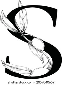 Floral botanical alphabet. Letter with plants and flowers.