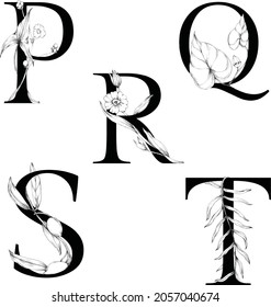 Floral botanical alphabet. Letter with plants and flowers.