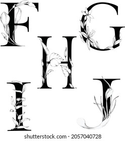Floral botanical alphabet. Letter with plants and flowers.