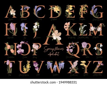 Floral botanical alphabet. Letters with spring flowers.Collection of modern art letters in pastel colors. Vector Illustration for wedding, greeting cards, posters, invitation template design