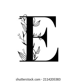 Floral botanical alphabet. Vintage hand drawn monogram letter E. Letter with plants and flowers. Vector lettering isolated on white