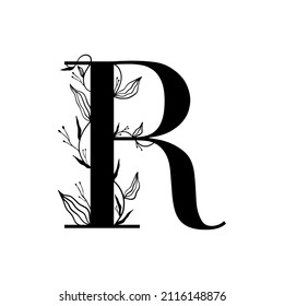 Floral botanical alphabet. Vintage hand drawn monogram letter R. Letter with plants and flowers. Vector lettering isolated on white