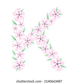 Floral botanical alphabet. Vintage hand drawn monogram letter K. Letter with plants and flowers. Vector lettering isolated on white