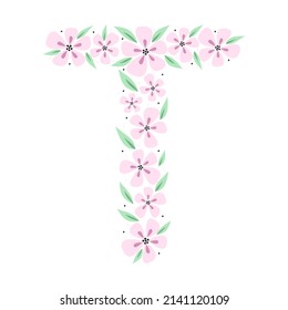 Floral botanical alphabet. Vintage hand drawn monogram letter T. Letter with plants and flowers. Vector lettering isolated on white