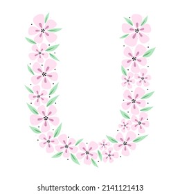 Floral botanical alphabet. Vintage hand drawn monogram letter U. Letter with plants and flowers. Vector lettering isolated on white