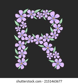 Floral botanical alphabet. Vintage hand drawn monogram letter R. Letter with plants and flowers. Vector lettering isolated on white	