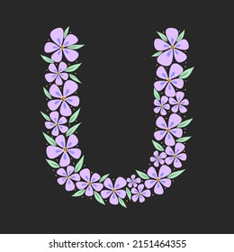 Floral botanical alphabet. Vintage hand drawn monogram letter U. Letter with plants and flowers. Vector lettering isolated on white