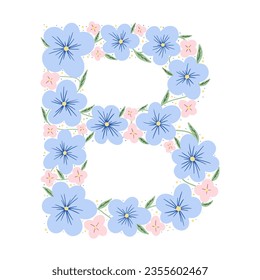 Floral botanical alphabet. Vintage hand drawn letter B. Letter with plants and flowers. Vector lettering isolated on white
