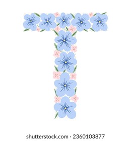 Floral botanical alphabet. Vintage hand drawn monogram letter T. Letter with plants and flowers. Vector lettering isolated on white
