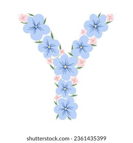 Floral botanical alphabet. Vintage hand drawn monogram letter Y. Letter with plants and flowers. Vector lettering isolated on white