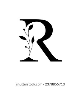 Floral botanical alphabet vintage hand drawn monogram letter R