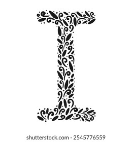 Floral botanical alphabet. Vintage hand drawn monogram letter I. Letter with plants and flowers. Vector lettering isolated on white	