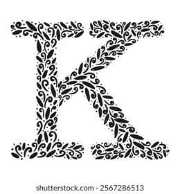 Floral botanical alphabet. Vintage hand drawn monogram letter K. Letter with plants and flowers. Vector lettering isolated on white