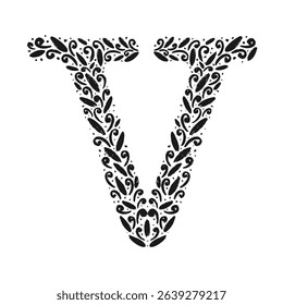 Floral botanical alphabet. Vintage hand drawn monogram letter V. Letter with plants and flowers. Vector lettering isolated on white
