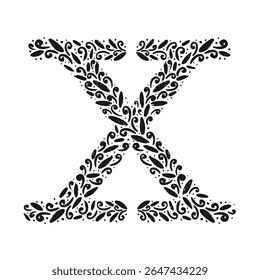 Floral botanical alphabet. Vintage hand drawn monogram letter X. Letter with plants and flowers. Vector lettering isolated on white