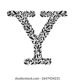 Floral botanical alphabet. Vintage hand drawn monogram letter Y. Letter with plants and flowers. Vector lettering isolated on white
