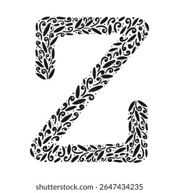 Floral botanical alphabet. Vintage hand drawn monogram letter Z. Letter with plants and flowers. Vector lettering isolated on white