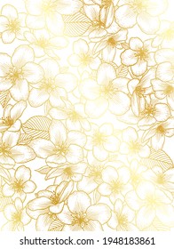Floral botanical apple flowers golden background. Romantic vector illustration design for greeting card, natural cosmetics, women products.