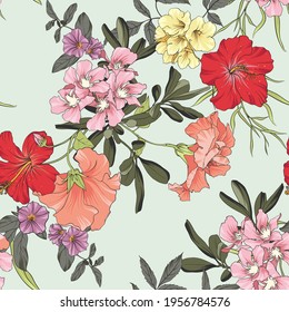 Floral, botanical bachground with hibiscus. Seamless repeat pattern.