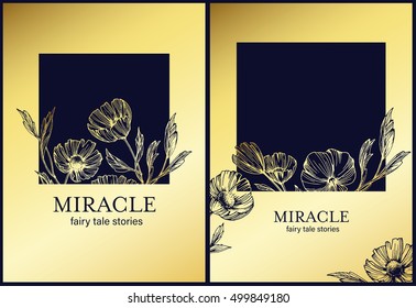 Floral botanical backgrounds with abstract hand drawn flowers and leafs. Decorative botanical cover, package, print. Vector frame, card or invitation.  