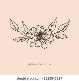 Floral botanical black line art bouquet. Flower and leaves line art hand drawn arrangement. Vector illustration for wedding invitation save the date card, flower shop
