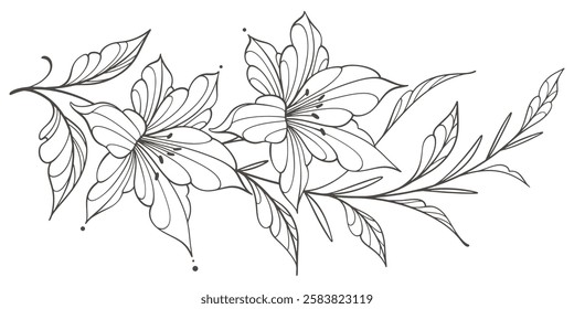 floral botanical black line art. Flowers and leaves line art hand drawn wreath. Vector illustration for wedding invitation save the date card, flower shop