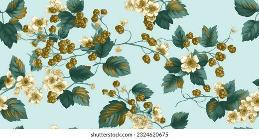 Floral botanical blackberry vines seamless repeating wallpaper pattern- serene gold and pale turquoise version ,