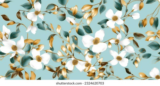 Floral botanical blackberry vines seamless repeating wallpaper pattern- serene gold and pale turquoise version ,