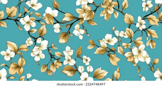 Floral botanical blackberry vines seamless repeating wallpaper pattern- serene gold and pale turquoise version ,