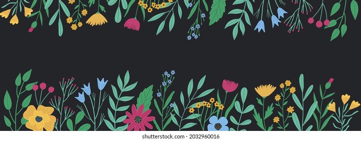 Floral botanical border or backdrop with colorful  flowers and leaves. Banner or postcard template. Vector illustration