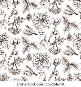Floral or Botanical Christmas  seamless pattern of poinsettia,
Rowan, cotton, spruce, holly, bumps. Winter plants design illustration for greetings, invitation 