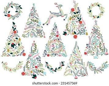 Floral or Botanical Christmas Trees, Wreaths, Bunting and Reindeer