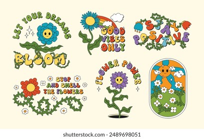 Floral botanical compositions with lettering in retro groovy style collection for t-shirts, mugs, cards. Funny flowers with stems, leaves and thorns. Floral quotes in hippie psychedelic style set..